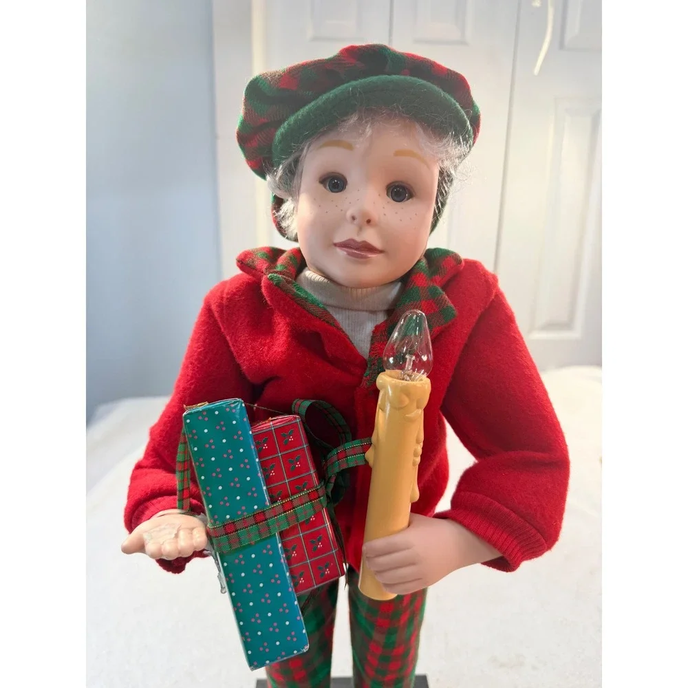 Vintage Noel Animated Christmas Boy Figure Lighted Candle Presents Plaid Outfit